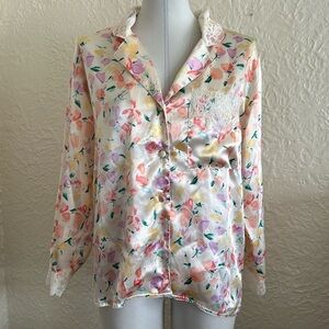 Victoria’s Secret Vintage Gold Label Satin Tulips Floral Lace Trim Sleep Top